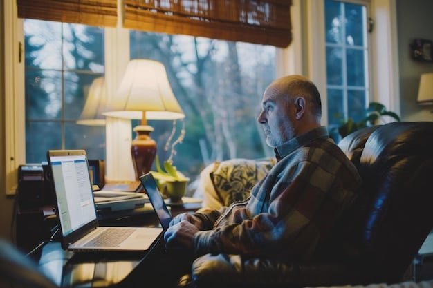 A person working on a laptop in a home office surrounded by tax documents and a calculator, with a window in the background. The scene is brightly lit and emphasizes organization and focus.