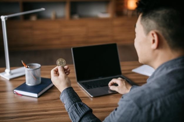 A person sitting at a desk, reviewing documents related to cryptocurrency taxes, with a laptop displaying a cryptocurrency exchange platform in the background. The scene conveys a sense of diligence and attention to detail.