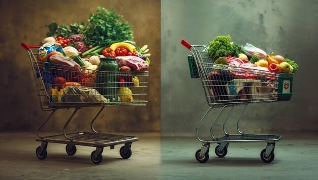 A split-screen image showing the same basket of groceries in two different years. On one side, the groceries appear cheaper with a small price tag, symbolizing pre-inflation prices. On the other side, the same groceries look more expensive with a larger price tag, illustrating the impact of inflation on everyday costs. The background should be plain to focus on the visual comparison.
