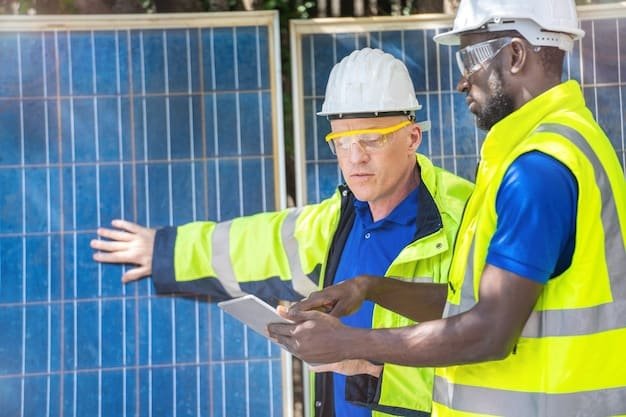 A diverse group of workers installing solar panels on a commercial building, symbolizing job creation and economic growth in the renewable energy sector.