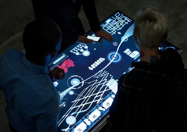 A picture of diverse professionals collaborating on a project, with holographic displays showing data analysis and automation schematics, representing the future of work.