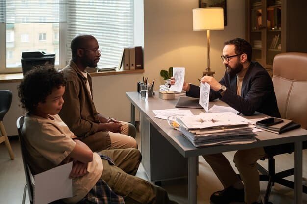 A diverse family consulting with a financial advisor in a modern office setting.