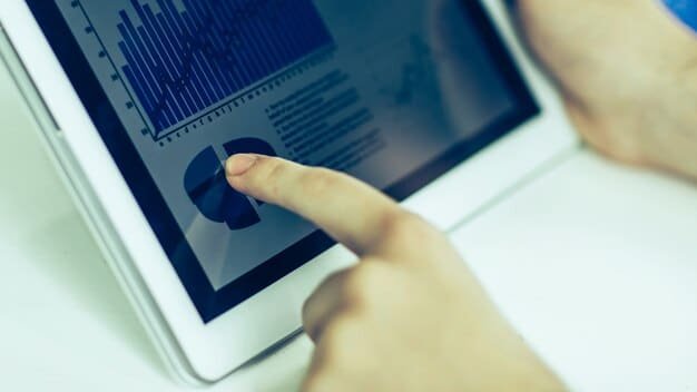 A close-up of a digital interface displaying complex financial algorithms and data visualizations, with a human hand interacting using touch gestures.