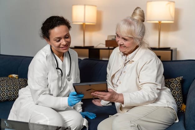 A senior citizen receiving attentive care from a healthcare professional in a comfortable home setting.