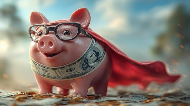 Graphic illustration of a piggy bank wearing a superhero cape, standing defiantly against a backdrop of rising inflation charts.