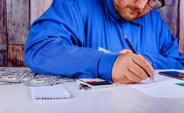 A person filling out a financial form with a pen, highlighting sections related to student loan forgiveness, with a calculator and a stack of documents nearby.