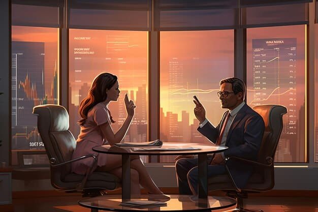 A digital illustration of a financial advisor meeting with a client in a virtual metaverse office, discussing investment strategies and showcasing digital asset portfolios on holographic screens.