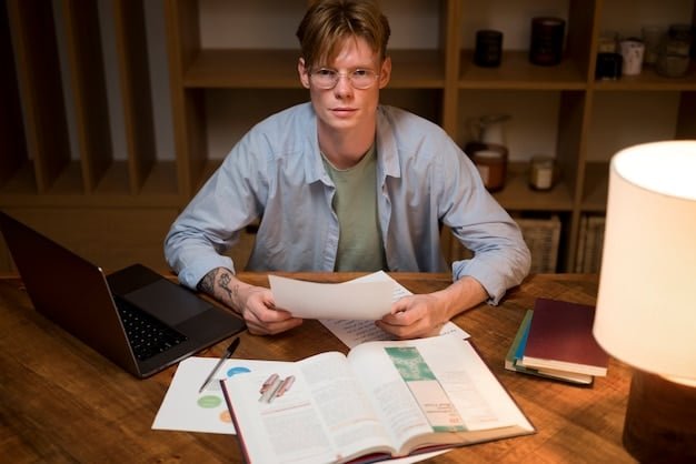 A person sitting at a desk reviewing financial documents, with a worried expression, symbolizing the stress and analysis required when assessing one's financial readiness for climate migration.