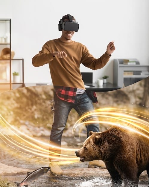 A user wearing a VR headset, interacting with a virtual credit card interface inside a metaverse environment, showcasing options for reward redemption and personalized offers.