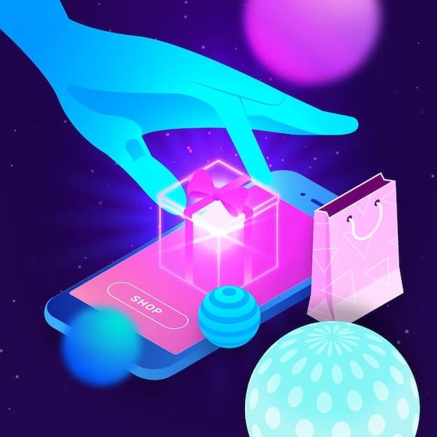 A digital rendering showing a vibrant virtual marketplace within the metaverse, where users can redeem credit card rewards to purchase virtual goods, avatars, and event tickets.