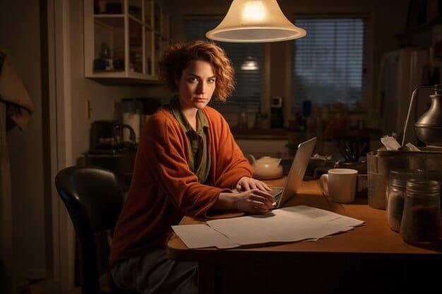 A young adult sitting at a laptop with a concerned expression, surrounded by papers related to credit card statements and financial documents. The scene is lit with a soft, warm glow, creating a sense of worry and introspection.