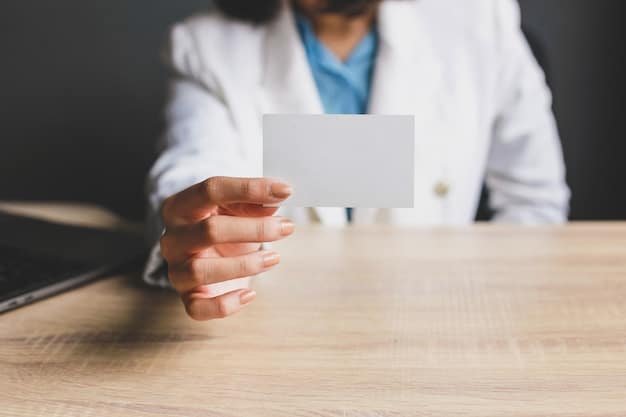 A close-up of a healthcare credit card being used at a doctor's office reception desk, with a friendly receptionist in the background, symbolizing accessible healthcare financing.