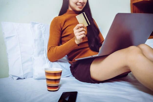 A person using a co-branded airline credit card to purchase an airline ticket on a laptop. The credit card is prominently displayed next to the laptop. The background shows a cozy home office setup. The image conveys ease and convenience in earning airline miles with everyday spending.