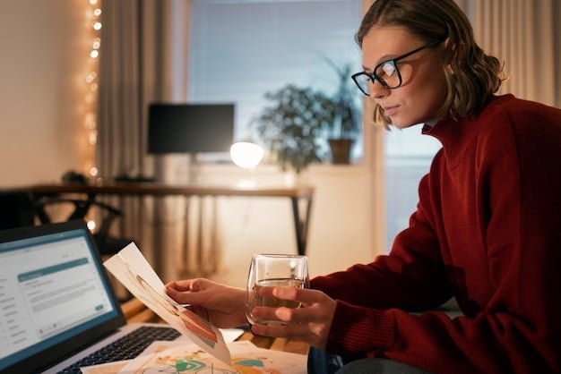 A person sitting at a desk with a laptop, calculator, and stacks of bills. They are thoughtfully organizing their finances and creating a budget. A serene and focused atmosphere.