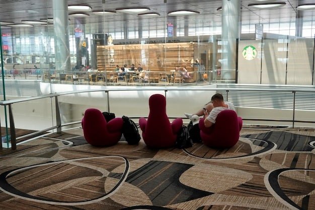 An aerial view of a luxurious airport lounge, with comfortable seating, high-end refreshments, and a relaxed atmosphere. The image highlights the exclusive travel perks that come with premium credit cards.