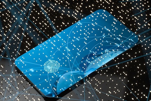 A conceptual image depicting a digital fingerprint superimposed on a credit card, with a network of interconnected lines representing data flow. The image conveys the themes of biometric authentication, data security, and privacy.