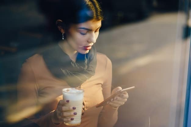 A Gen Z individual is looking at their smartphone in a coffee shop, showing a mobile banking app interface. The person is holding a credit card in their other hand, seemingly about to make an online transaction. The coffee shop environment should be modern and trendy.