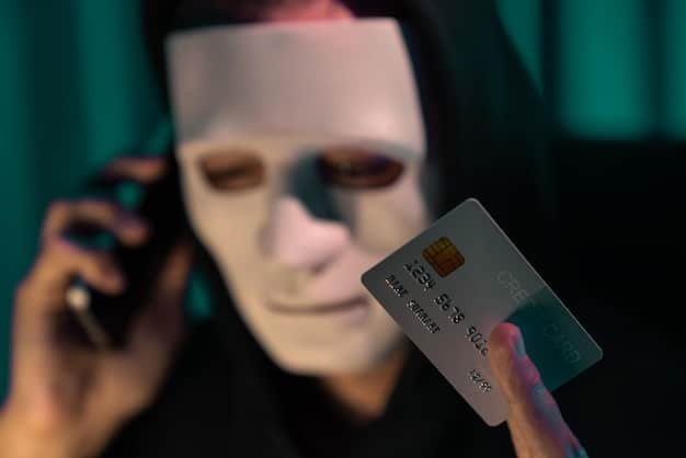 A close-up shot of a credit card with overlaid digital security icons, representing the vulnerable points for fraud. A magnifying glass focuses on a microchip, symbolizing the limitations of current security measures.