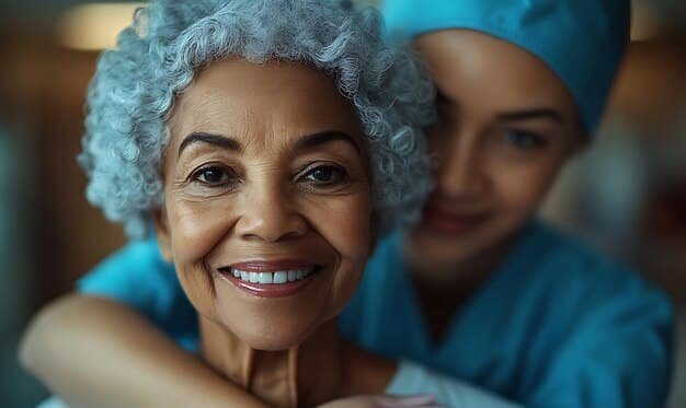 A healthcare worker assisting an elderly patient with a smile, highlighting the positive impact of reduced stress on patient care.