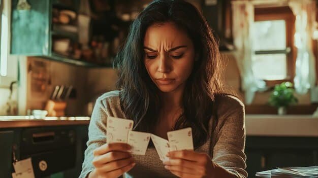 A person stressed while looking at bills and credit card statements, showing the impact of accumulating debt on mental health and financial well-being.