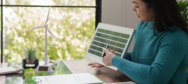 A person reviewing financial documents at a desk with a concerned expression, next to a window showing a renewable energy installation (solar panels or wind turbines). The image should convey the need for careful financial planning and investment in sustainable solutions in the face of climate change.